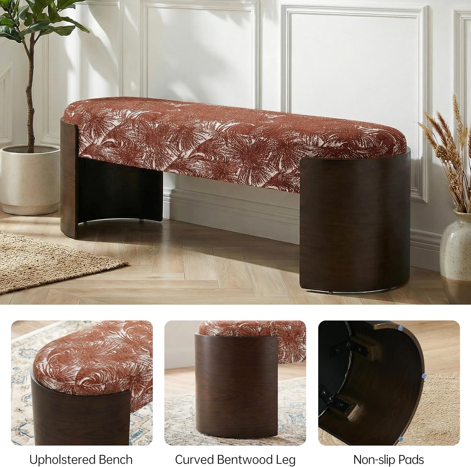 VKNOW 50" Upholstered Ottoman Bench with Botanical Pattern, Oval Entryway Bench with Solid Curved Bentwood Legs, Accent End of Bed Bench for Bedroom, Dining Bench for Dining Room, Living Room, Rust