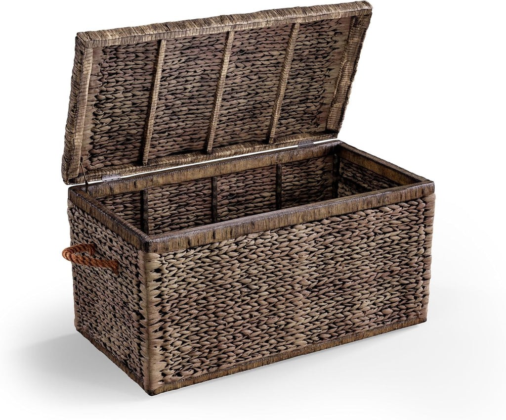 Click365 Wicker Storage Trunk with Lid, 33 Inch Extra Large Woven Storage Chest with Handles and Safety Hinges, Farmhouse Blanket Basket for Bedroom, Living Room or Entryway, Rustic Brown