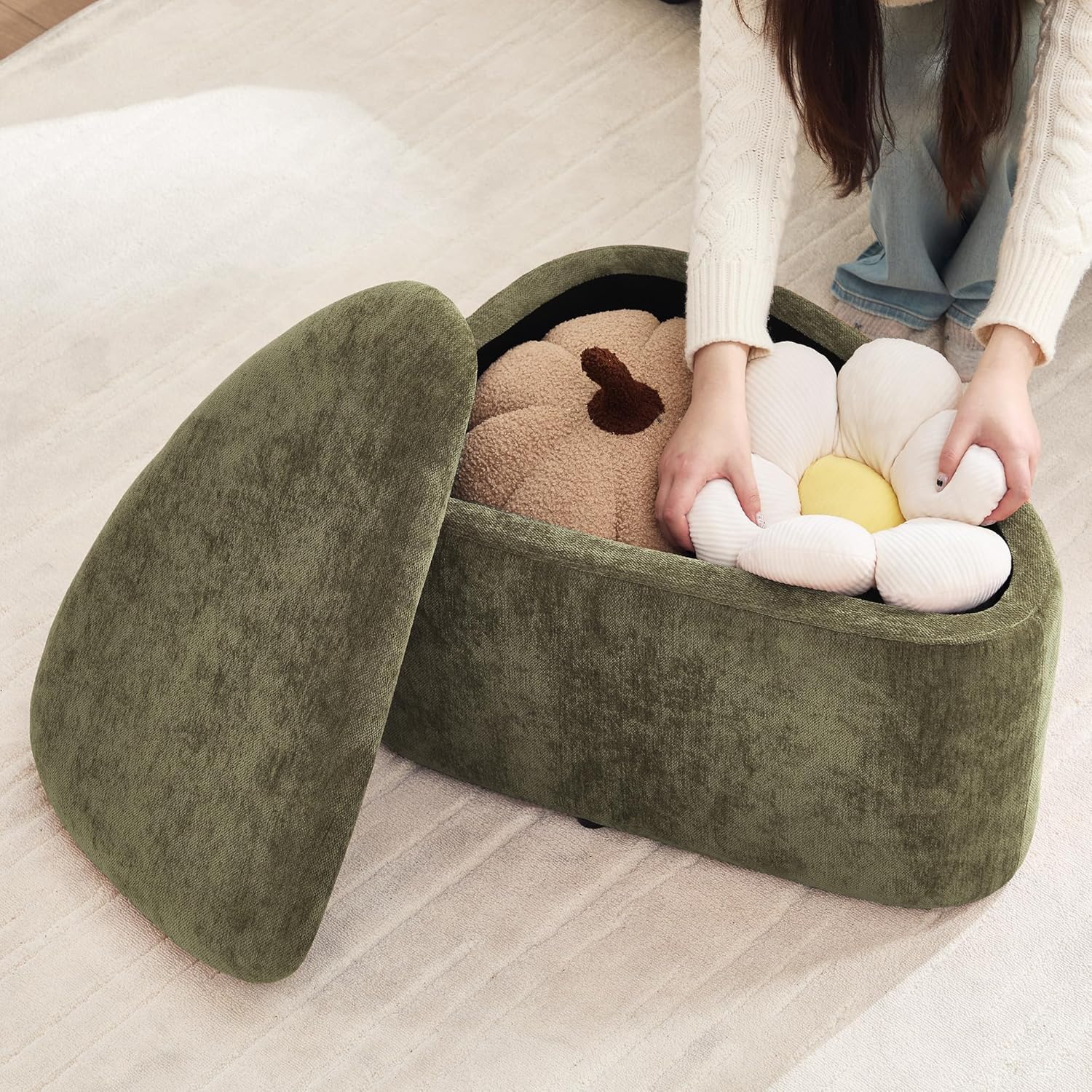 ONEVOG Storage Ottoman with Removable Lid, Modern Multifunctional Chenille Upholstered Footrest Stool for Couch, Modern Stool for Living Room, Bedroom, Dorm, Vanity, Green