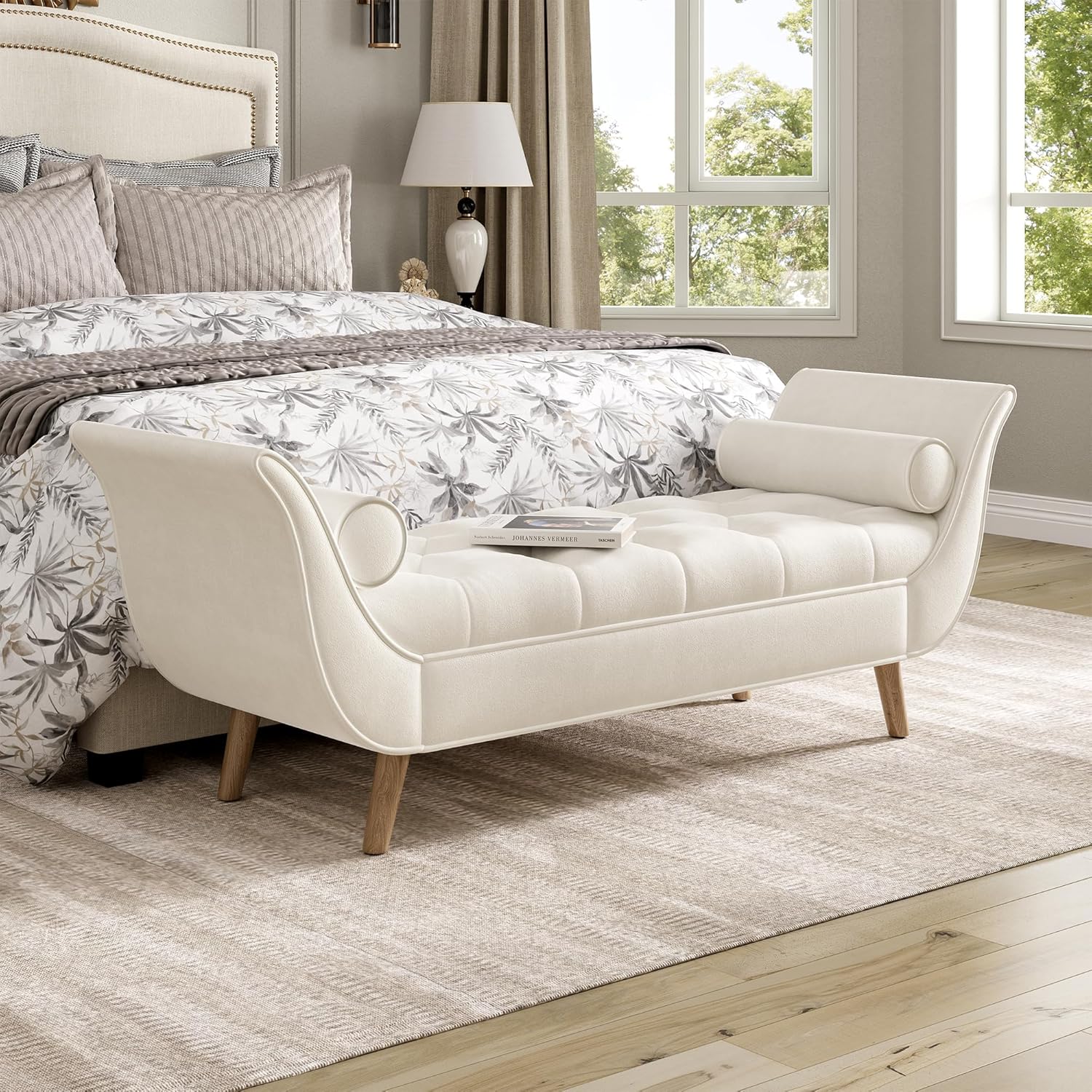 Setawix Velvet Upholstered Ottoman Bench with Flared Arms,Button Tufted Footstool Ottomans for Living Room Bedroom,Modern Rolled Arm Bed End Benches with Seating for Entryway,Window (Velvet Beige)