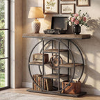HOMCOM Entryway Table, 39.4" Console Sofa Table with Storage Shelves and Circle Steel Frame, Narrow Wood Accent Tables for Entrance, Hallway, Foyer, Living Room, Rustic Oak