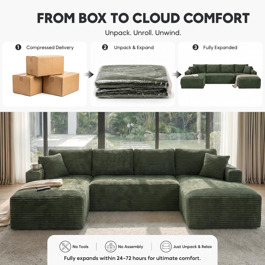 133" U-Shaped Modular Sectional Sofa, Corduroy Couch, Green | Cloud Luxury Comfort, Couches for Living Room, Storage & Cupholder, Oversized Sofa, Deep Seat, No Assembly Required