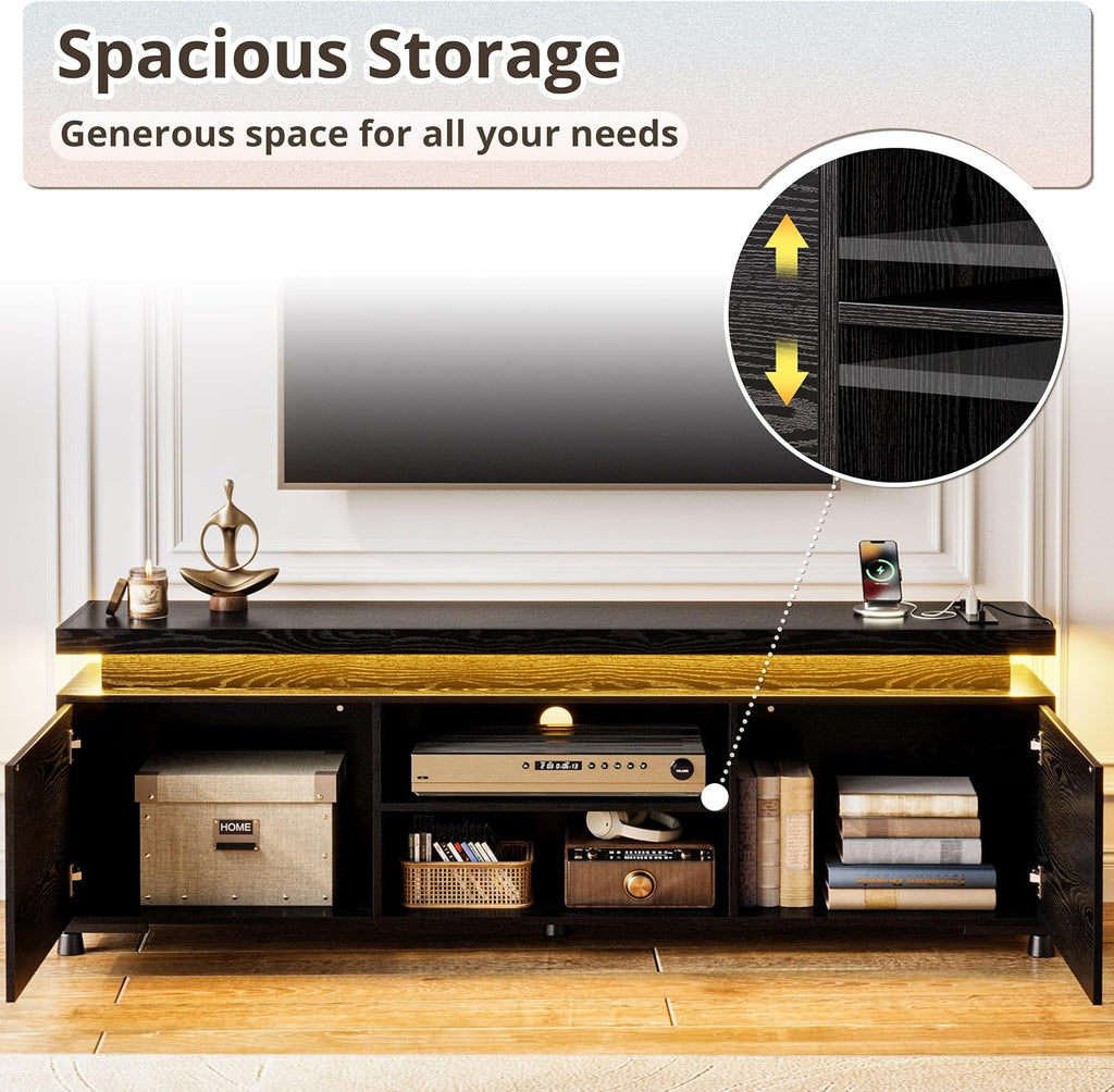 IRONCK TV Stand Entertainment Center with LED Lights for 85 inch | Power Outlet, Cabinets and Adjustable Shelf. USB ports, Type-C and 4.9ft power cord. Hold TVs up to 65, 70, 75, 85 inches.