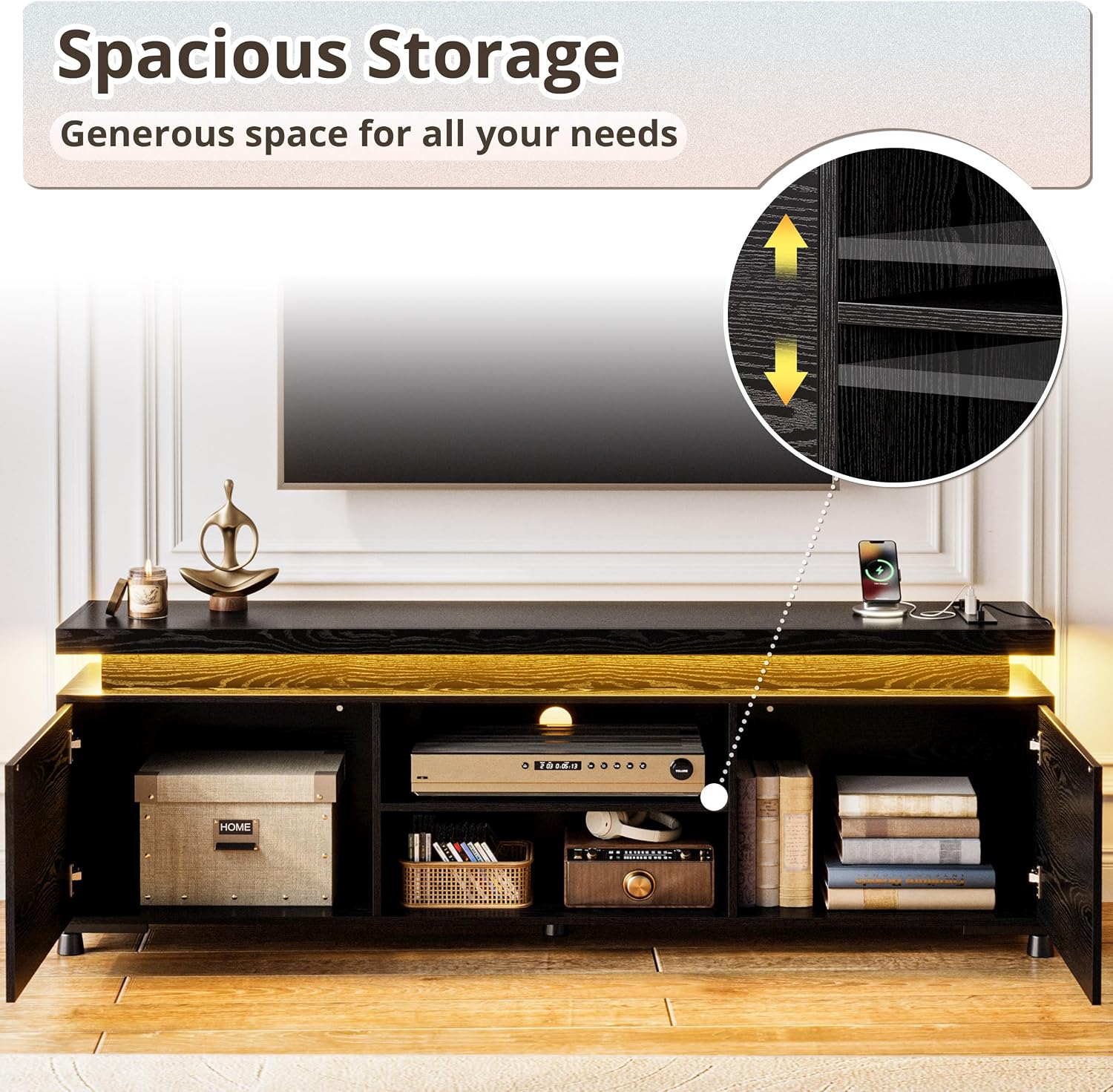 IRONCK TV Stand Entertainment Center with LED Lights for 85 inch | Power Outlet, Cabinets and Adjustable Shelf. USB ports, Type-C and 4.9ft power cord. Hold TVs up to 65, 70, 75, 85 inches.
