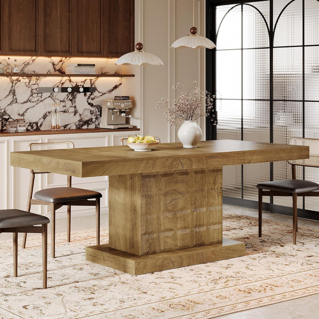 Tribesigns 63'' Dining Table for 4-6, Farmhouse Wooden Rectangular Dinner Table with Geometric Relief, Pedestal Base (Natural Brown)
