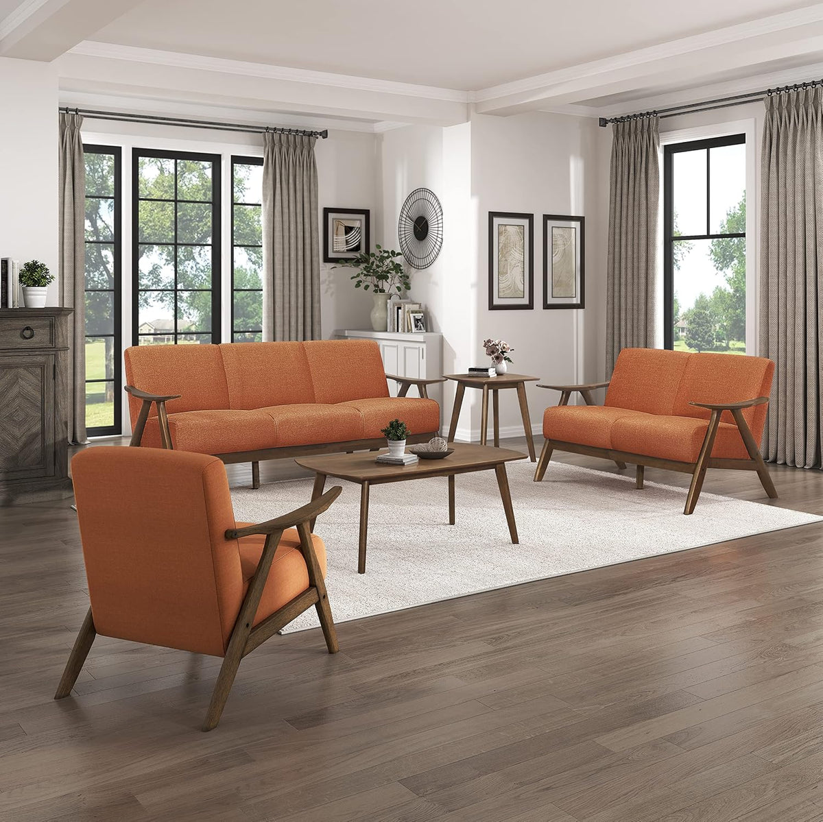 Lexicon Mid Century Modern Accent Chair with Solid Wood Frame in Walnut Finish, Upholstered Living Room Lounge Arm Chair, Thick and Comfy Innerspring Seat Cushion, Linen-Look Fabric, Orange