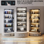 Display Cabinet with Glass Doors, 5-Tier 65" Glass Display Cabinet with LED 3-Color Lights & Human Body Sensor, Curio Cabinet with Textured Wood Shelves for Collectibles, Black Wood Frame