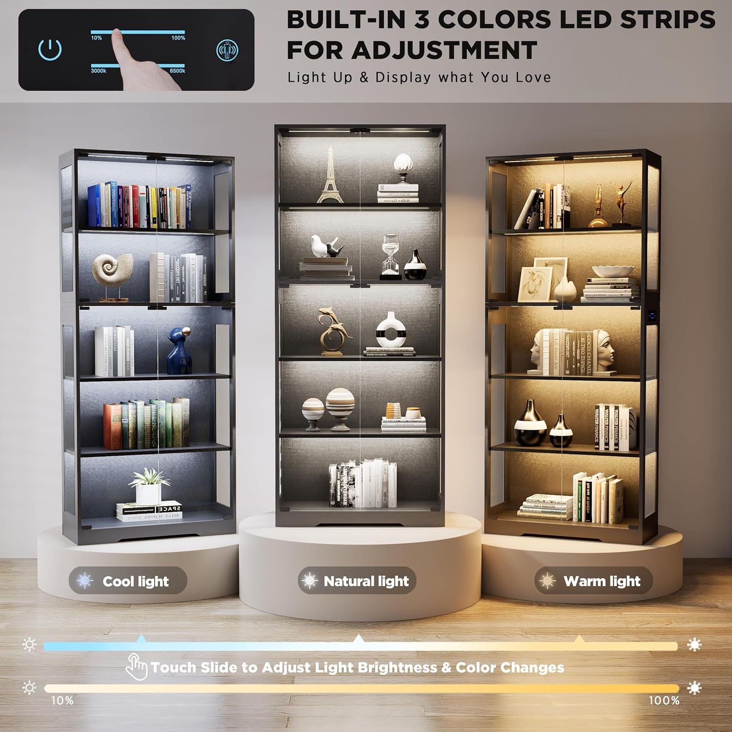 Display Cabinet with Glass Doors, 5-Tier 65" Glass Display Cabinet with LED 3-Color Lights & Human Body Sensor, Curio Cabinet with Textured Wood Shelves for Collectibles, Black Wood Frame