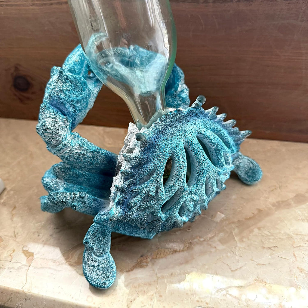 Crab Wine Bottle Holder, 8 Inch Turquoise Resin with Coral-Look Center | Raised Claws, Shell Ridges, Textured Legs, Distressed Whitewashed Finish, Open Center for Angled Display
