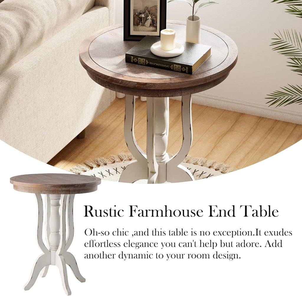 Farmhouse Accent End Table, Rustic Side Table with Natural Top for Family, Dining or Living Room, Handcrafted Finish, White
