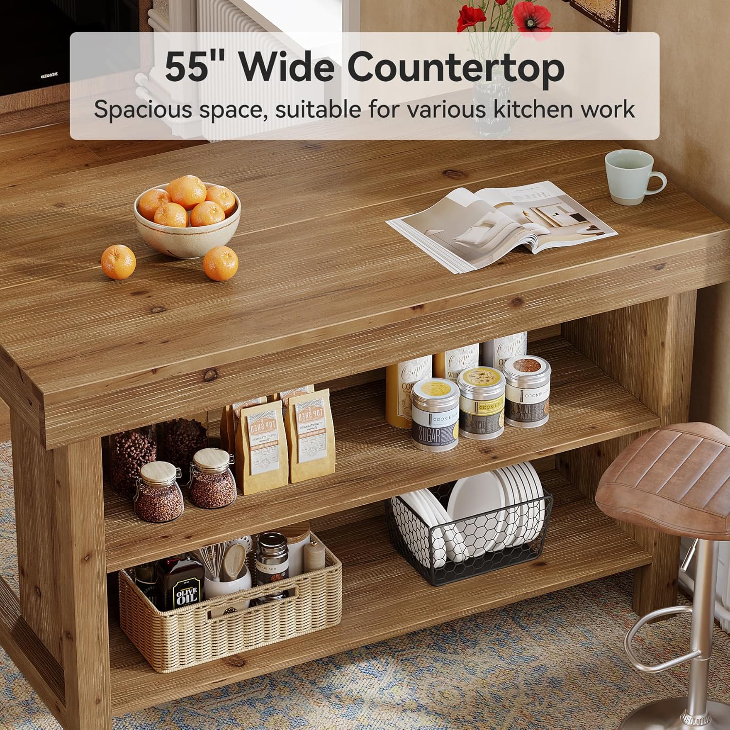 55" Solid Wood Kitchen Island with Storage, Farmhouse Kitchen Island Table with 3-Tier Open Shelves and Large Countertop for Kitchen, Dining & Living Room, Natural Oak