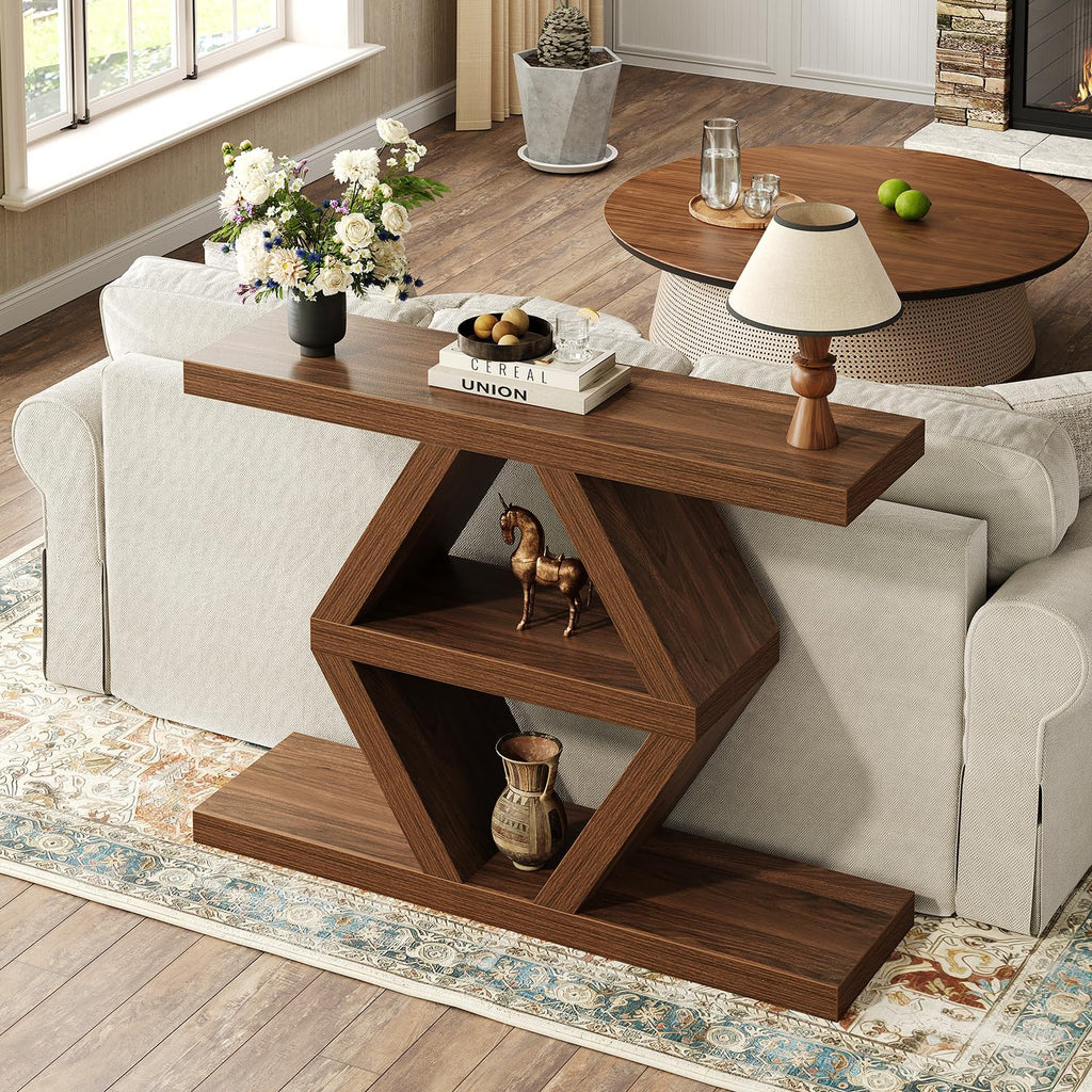 39.4" Farmhouse Console Table, Rustic Entryway Table with 3-Tier Storage Shelves, Wooden Sofa Table Behind Couch, Unique Modern Narrow Entry Table for Entrance, Hallway, Foyer, Living Room, Walnut