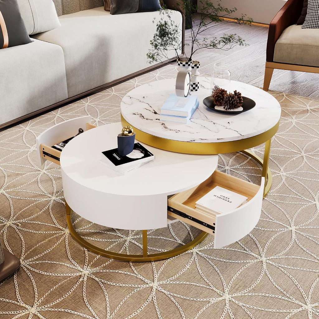32" Space Saving Nesting End Table, Nesting End Tables with Storage Drawers, Coffee Table Set with Sleek Modern Design for Versatile Home Usage, Golden+White