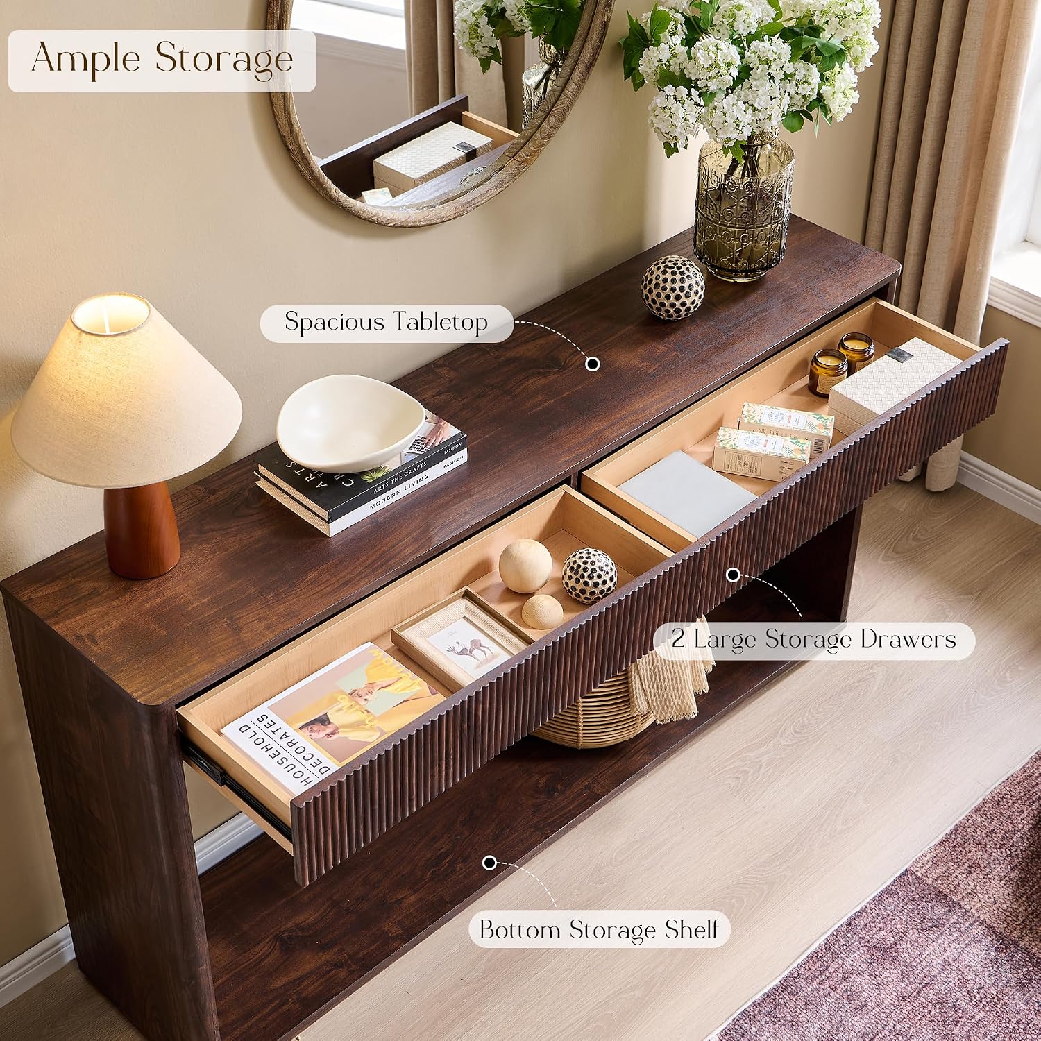 OKD 63" Fluted Console Table for Entryway with 2 Large Drawers, Dark Walnut | Modern Entryway Table, Long Sofa Table Behind Couch for Living Room, Hallway, Couch, Foyer, Versatile Storage