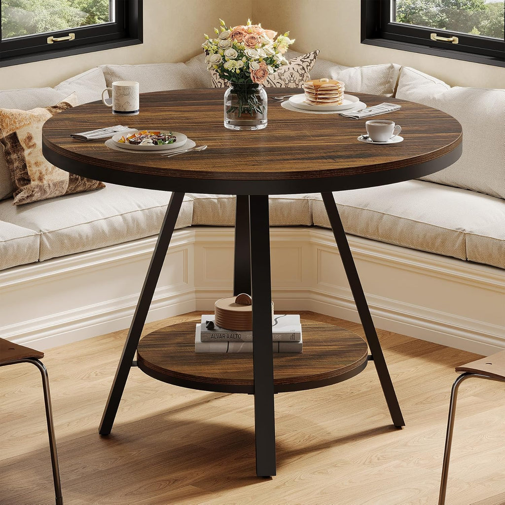 Tribesigns 2-Tier Industrial Round Dining Table, Small Kitchen Dinner Table for 2-4 People, 35-Inch Circle Wood Kitchen & Dining Room Furniture with Sturdy Metal Leg, Rustic Brown