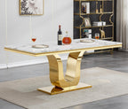 White Marble Dining Table for 6 Modern Luxury Faux Marble Kitchen Table for 6, 68" Large Dining Room Tables with U-Shape Gold Stainless Steel Base