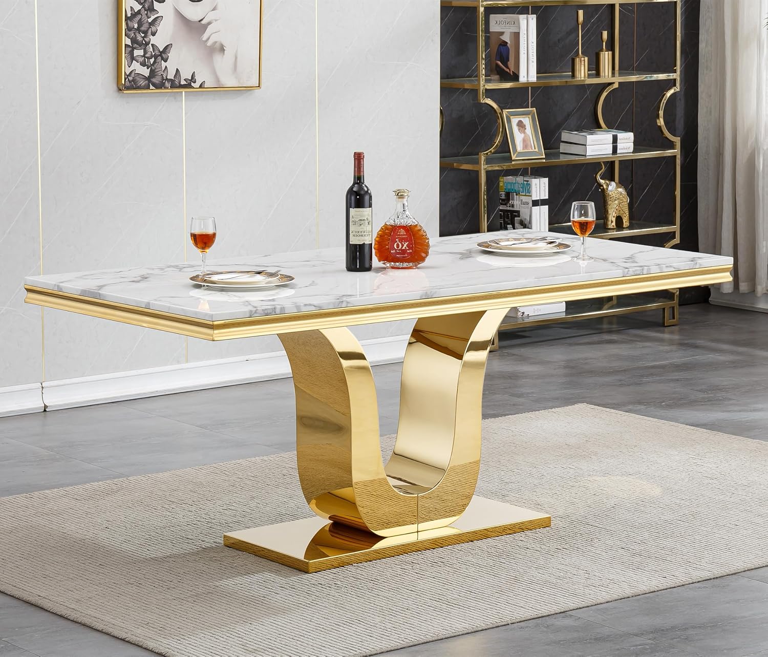 White Marble Dining Table for 6 Modern Luxury Faux Marble Kitchen Table for 6, 68" Large Dining Room Tables with U-Shape Gold Stainless Steel Base