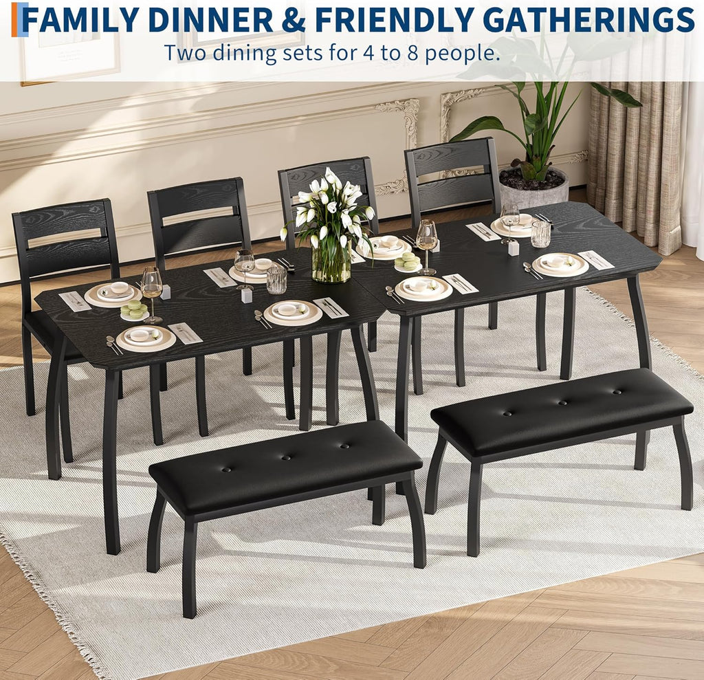 Dining Table Set for 4, 3-Piece Wooden Kitchen Table with 2 Upholstered Benches, Space-Saving Dinette Set for Restaurant, Studio, Dining Room, Home Kitchen, Gray (Black, 2 Chairs + 1 Bench)
