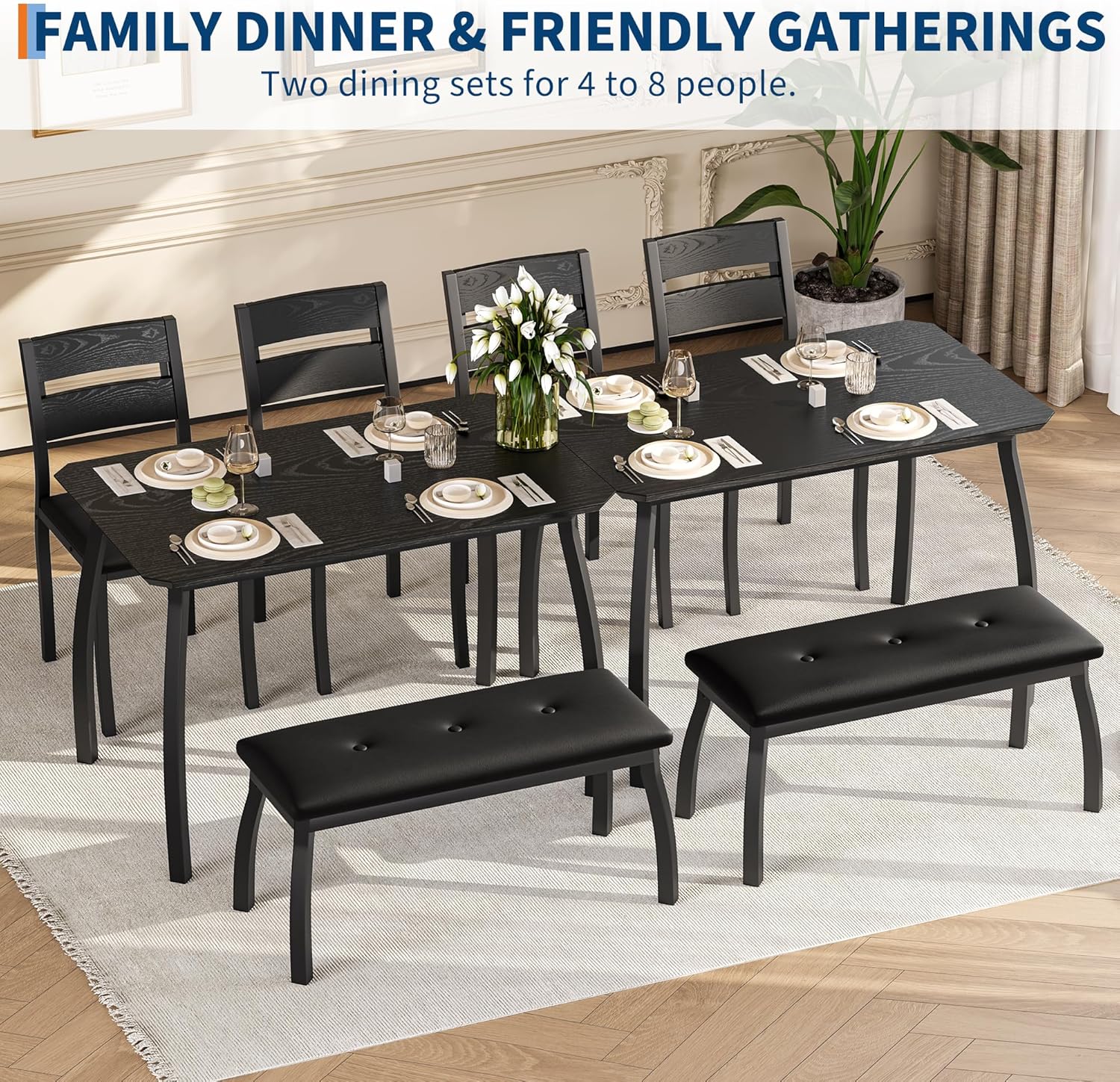 Dining Table Set for 4, 3-Piece Wooden Kitchen Table with 2 Upholstered Benches, Space-Saving Dinette Set for Restaurant, Studio, Dining Room, Home Kitchen, Gray (Black, 2 Chairs + 1 Bench)