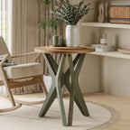 Pedestal Farmhouse End Table, Distressed Top with Tripod Base Bedside Table for Living Room, Modern, Boho, Round, Sage Green