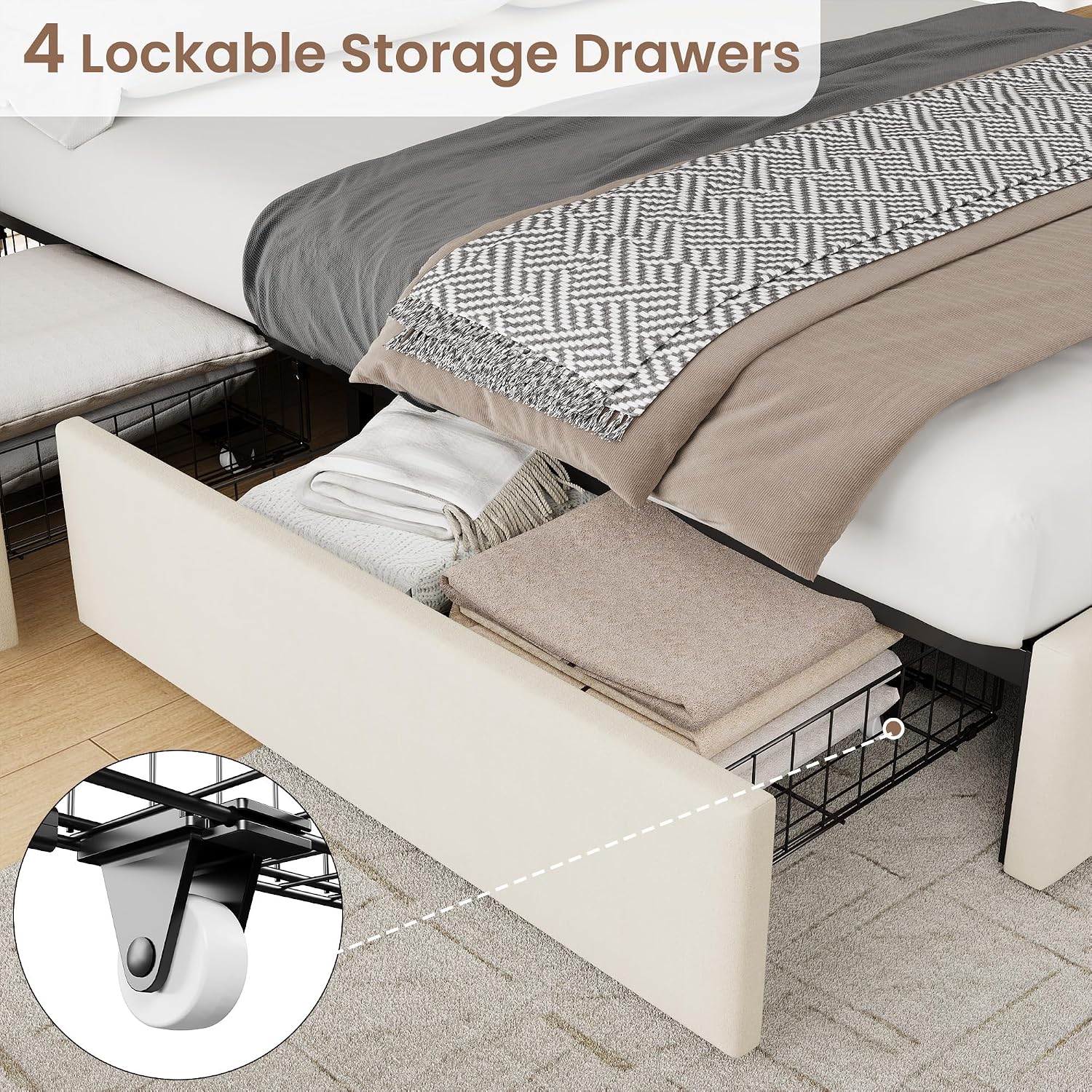 IDEALHOUSE Queen Size Velvet Upholstered Bed Frame, Beige