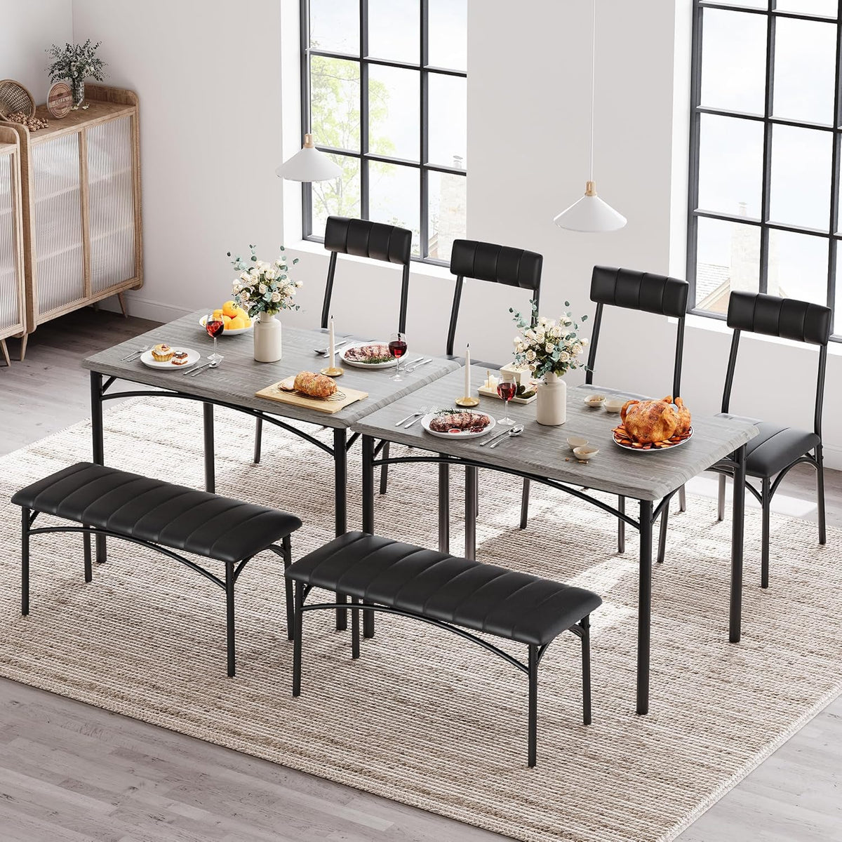 Garvee Dining Table Set for 4, Kitchen Table with Upholstered Bench and 2 Chairs, 4-Piece Wooden Dining Table Set for Apartment, Dining Room, Small Space, Gray