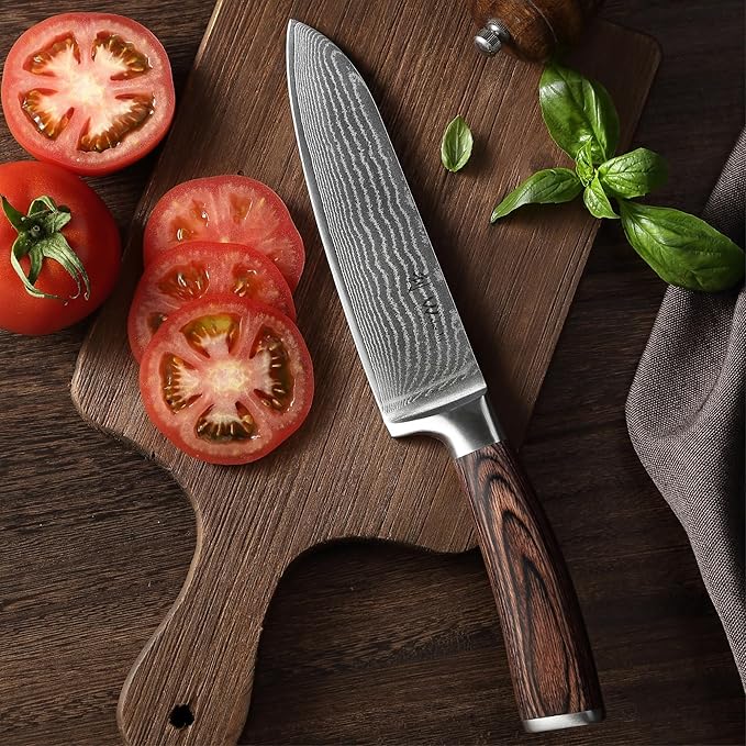 Wakoli 7-inch Damascus Santoku Knife - 67-Layer VG10 Core Steel, Razor Sharp Japanese Chef's Knife with Pakkawood Handle, for Meat, Vegetables & All Kitchen Tasks - Gift Box (EDIB)