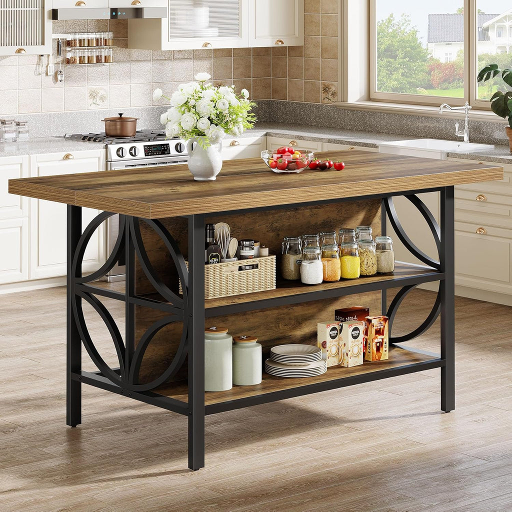 Tribesigns 62.99-Inch Kitchen Island with Storage, Kitchen Island Table with 2 Shelves and Large Worktop, Industrial Bar Table, Easy to Assemble, Rustic Brown (Stools Not Included)