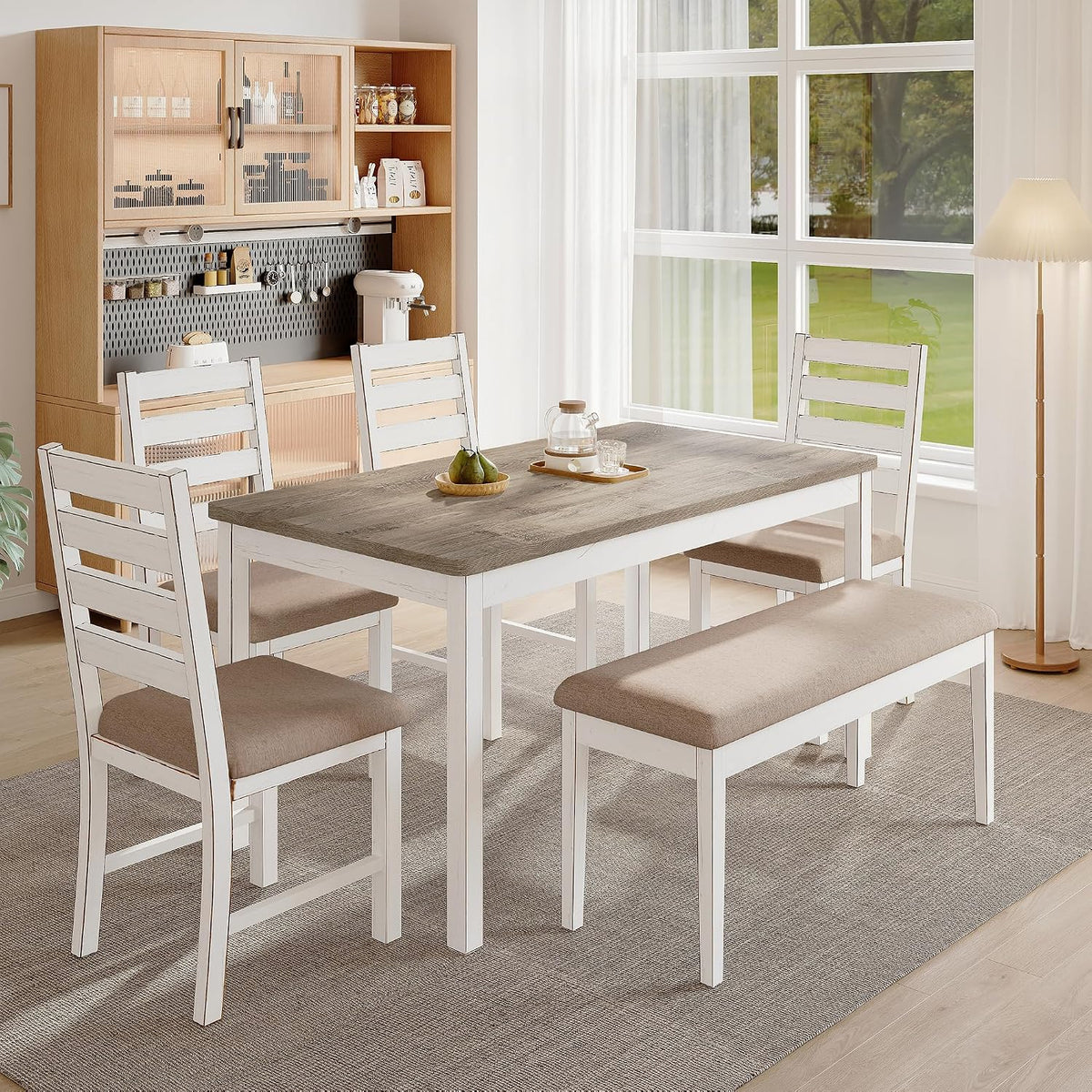 59" Dining Table Set Farmhouse Rectangular White Kitchen Room Table & Chairs Set Solid Wood Stable Space Saving Easy Clean (1 Bench& 4 Chairs)
