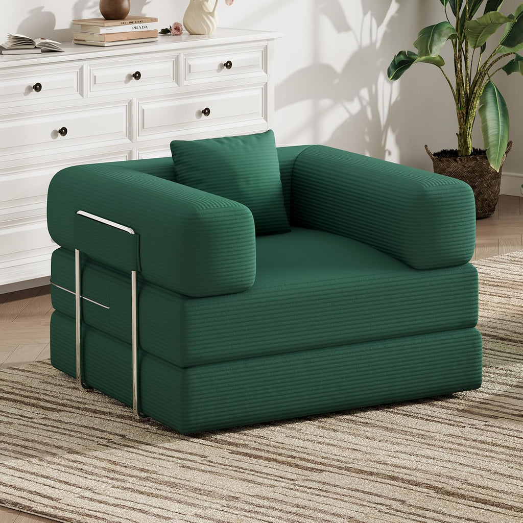 Single Couch Sofa for Small Spaces, 2-in-1 Single Sofa with Soft Corduroy Foldable Chair Lounger Sleeper Sofas for Small Apartment, Living Room, Home Office (Green, 35.43" Single Sofa)