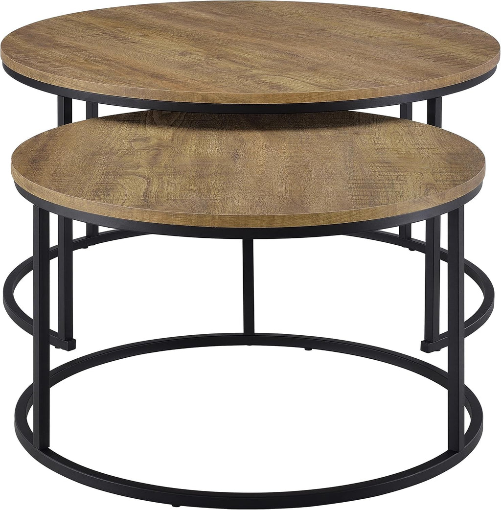 35" Textured Mango Wood Nesting End Table, Nesting End Tables with Open Metal Frame, Coffee Table Set with Flexible Layout for Modern Indoor Lounge Areas, Mango Color