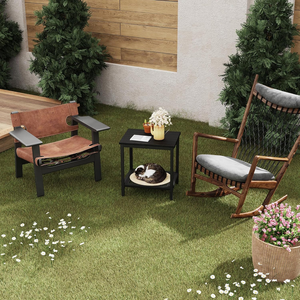 Outdoor Side Table with Storage 2-Tier Patio End Tables Black | Outdoor Accent Table Small Side Table For Pool, Deck, Garden