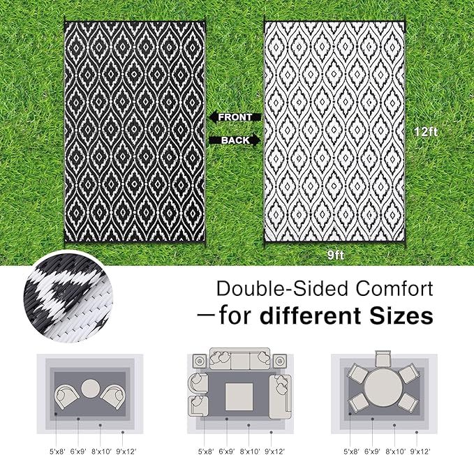 OLANLY Outdoor Rug 9x12 ft Waterproof, Outdoor Plastic Straw Rug with Geometric Pattern Clearance, Reversible RV Mat for Patio, Camping, Balcony, Deck, Backyard, Black & White