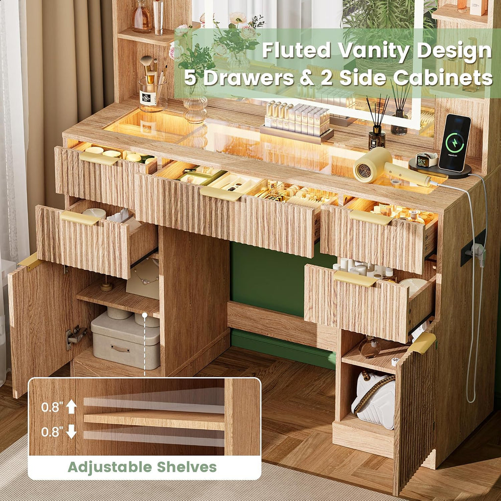 Fluted Vanity Desk with 30.2" Mirror and Lights, Glass Top Makeup Vanity with Desktop Light Strips, 5 Drawers, 2 Cabinet & 6 Open Shelves, Power Outlet, Lighting Adjustable,Natural