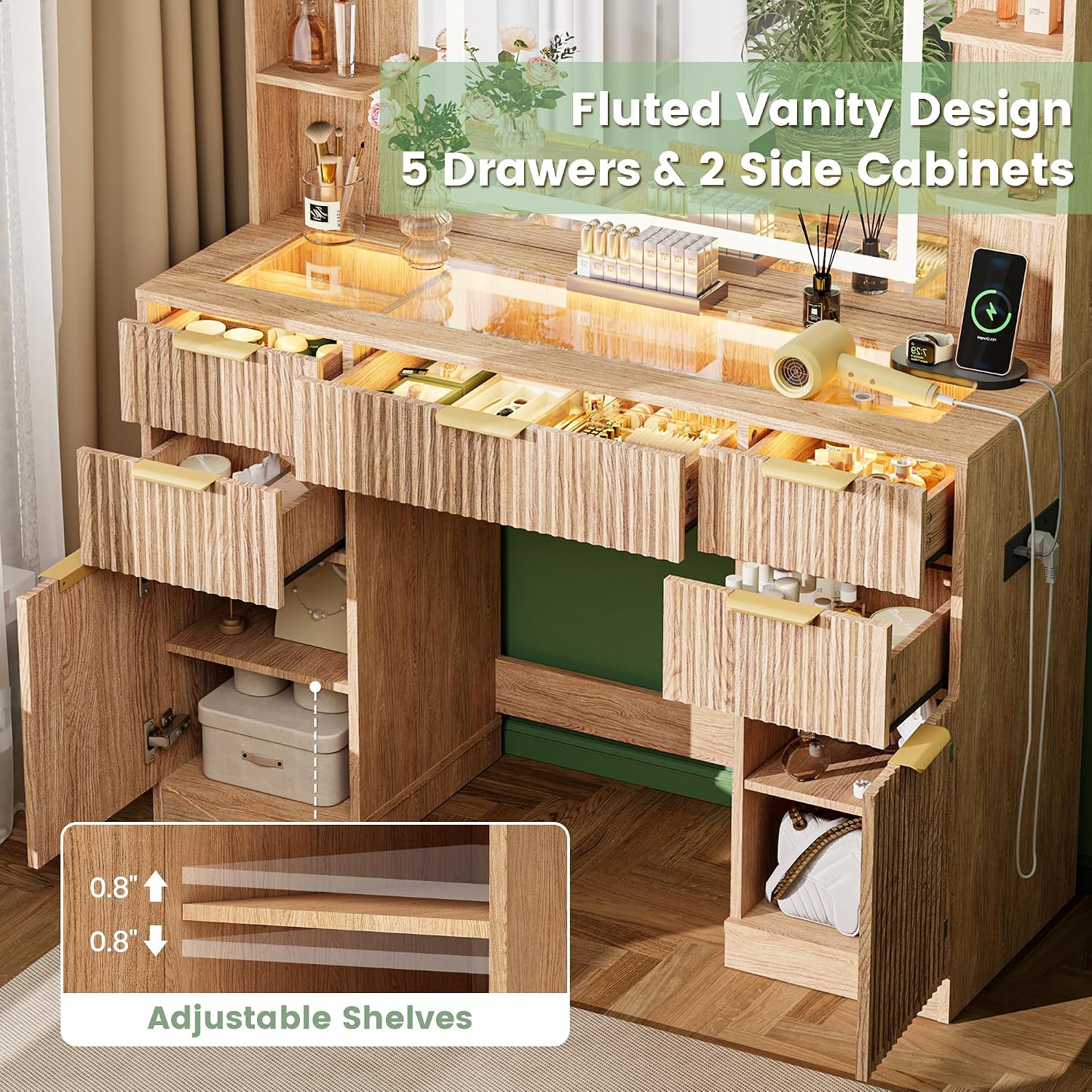 Fluted Vanity Desk with 30.2" Mirror and Lights, Glass Top Makeup Vanity with Desktop Light Strips, 5 Drawers, 2 Cabinet & 6 Open Shelves, Power Outlet, Lighting Adjustable,Natural