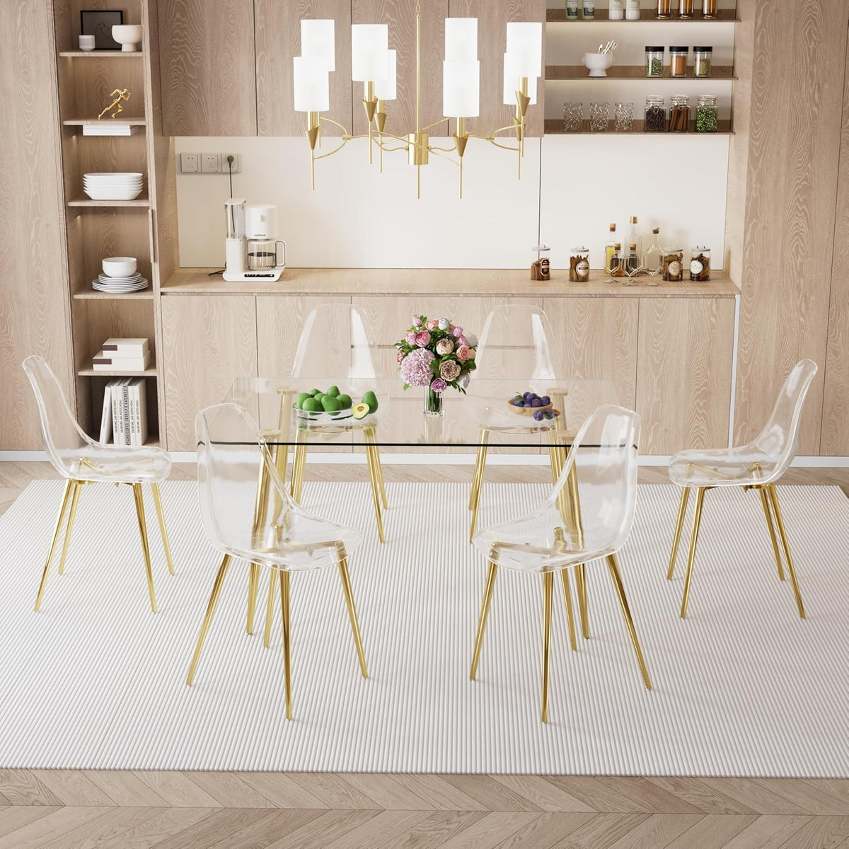 Baysitone 51 inch Glass Dining Table Set for 6, Dining Table & Chair Sets with Gold Metal Legs for Kitchen, Modern Rectangle Tempered Glass Table Top&Transparent Plastic Dining Chair for Dining Room