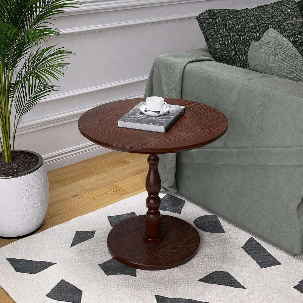 Round Side Table with Pedestal Base, 23.22" Wooden End Table, Coffee Table for Snacks & Drinks Living Room, Bedroom, Balcony (Walnut Dark Brown)