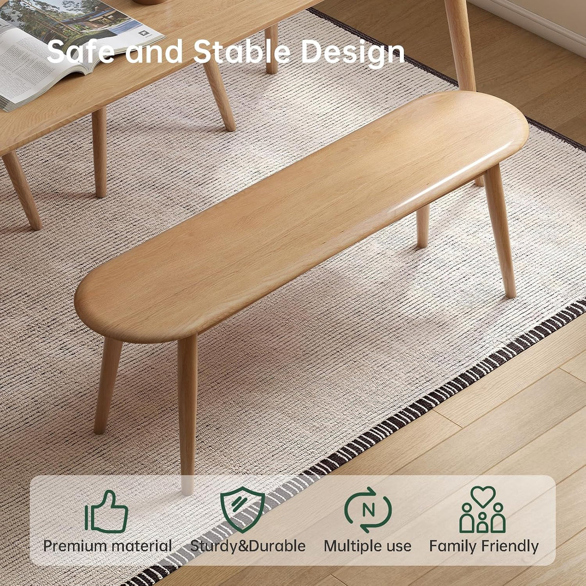 47'' 100% Solid Oak Wood Dining Bench,Rounded Corner Baguette Shape Chair Surface Design,Entryway Bedroom Bed End Bench (47.3inch, Natural Oak)