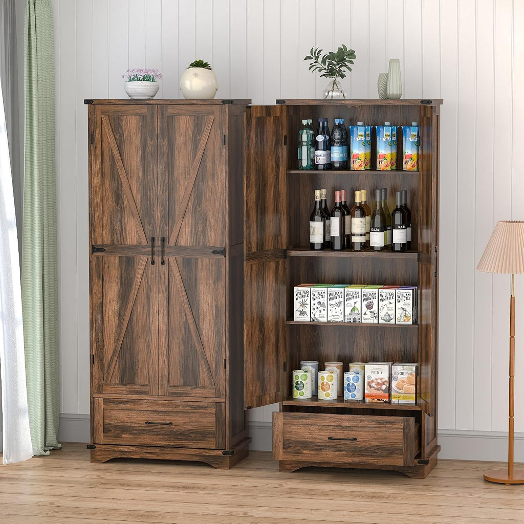 71" Farmhouse Kitchen Pantry Storage Cabinet with Drawer & 2 Barn Doors, Freestanding Cupboard with Adjustable Shelves, Modern Floor Cabinet for Kitchen, Dining Room, Living Room, Bathroom, Brown