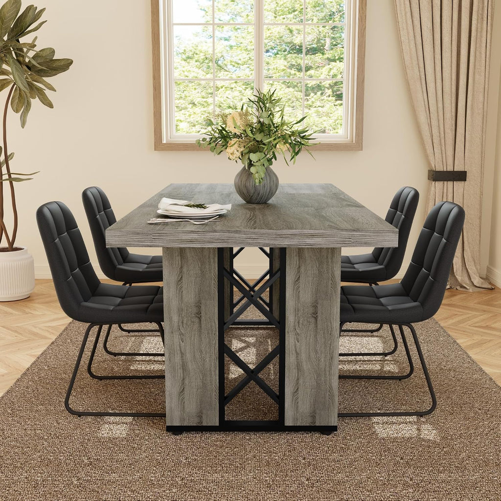 HIPIHOM 7-Piece Dining Table Set for 6, Grey Table with 6 PU Black Chairs | Thick MDF Tabletop, Rectangle Kitchen Table Set with Metal Legs for Breakfast Nook, Dining Room, Kitchen, Apartment