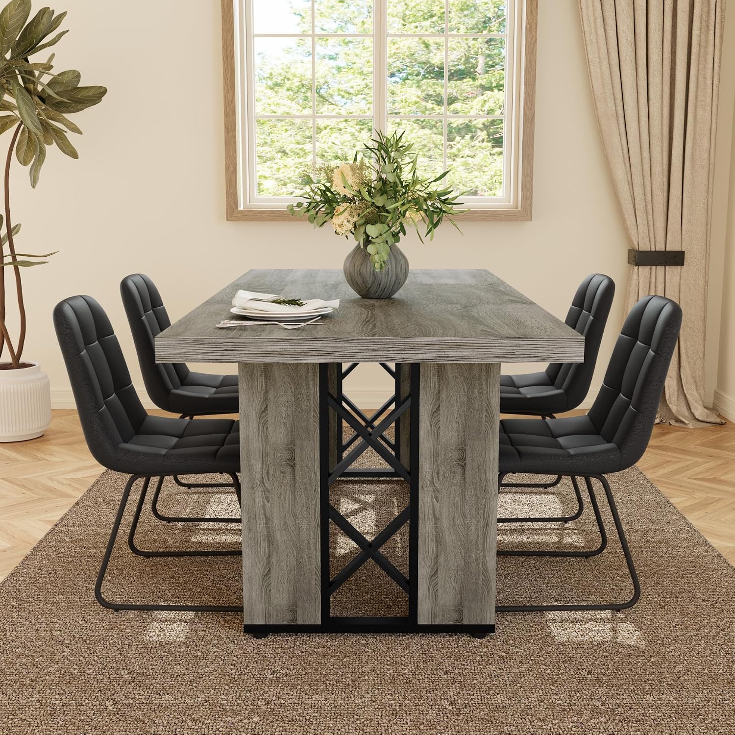 HIPIHOM 7-Piece Dining Table Set for 6, Grey Table with 6 PU Black Chairs | Thick MDF Tabletop, Rectangle Kitchen Table Set with Metal Legs for Breakfast Nook, Dining Room, Kitchen, Apartment