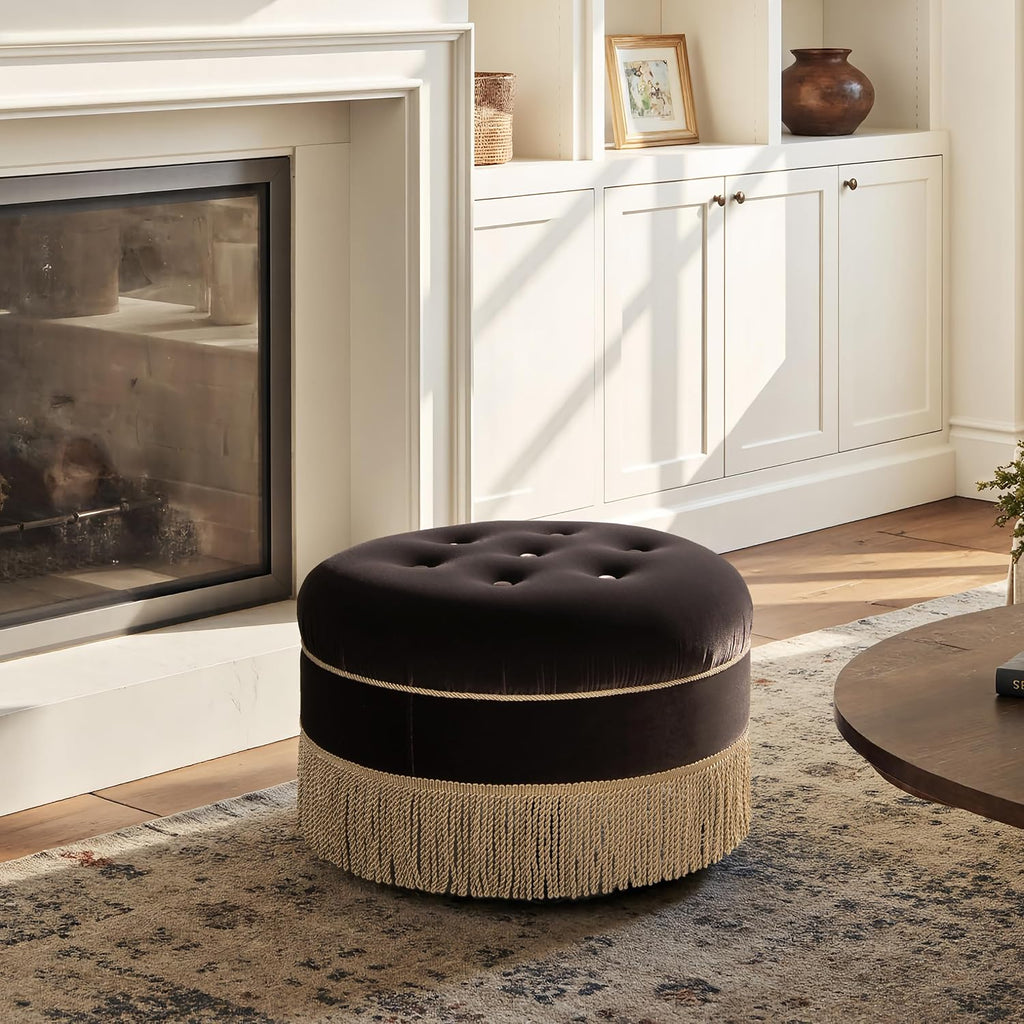 Jennifer Taylor Home Yolanda 24" Round Upholstered Accent Ottoman, Deep Brown Performance Velvet