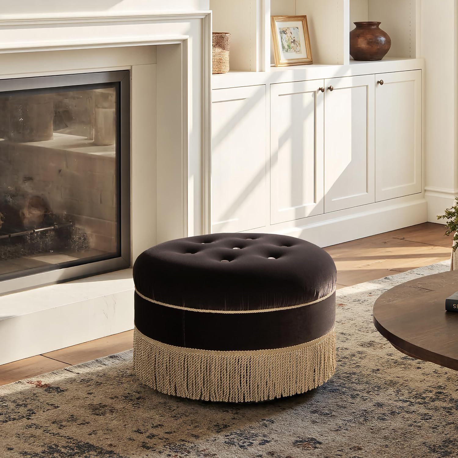 Jennifer Taylor Home Yolanda 24" Round Upholstered Accent Ottoman, Deep Brown Performance Velvet