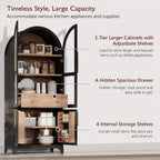 71" Tall Arched Pantry Cabinet with Glass Doors and Adjustable Shelves, Farmhouse Arched Pantry Cabinet with Drawer for Kitchen, Dining Room, Living Room, Bathroom, Black