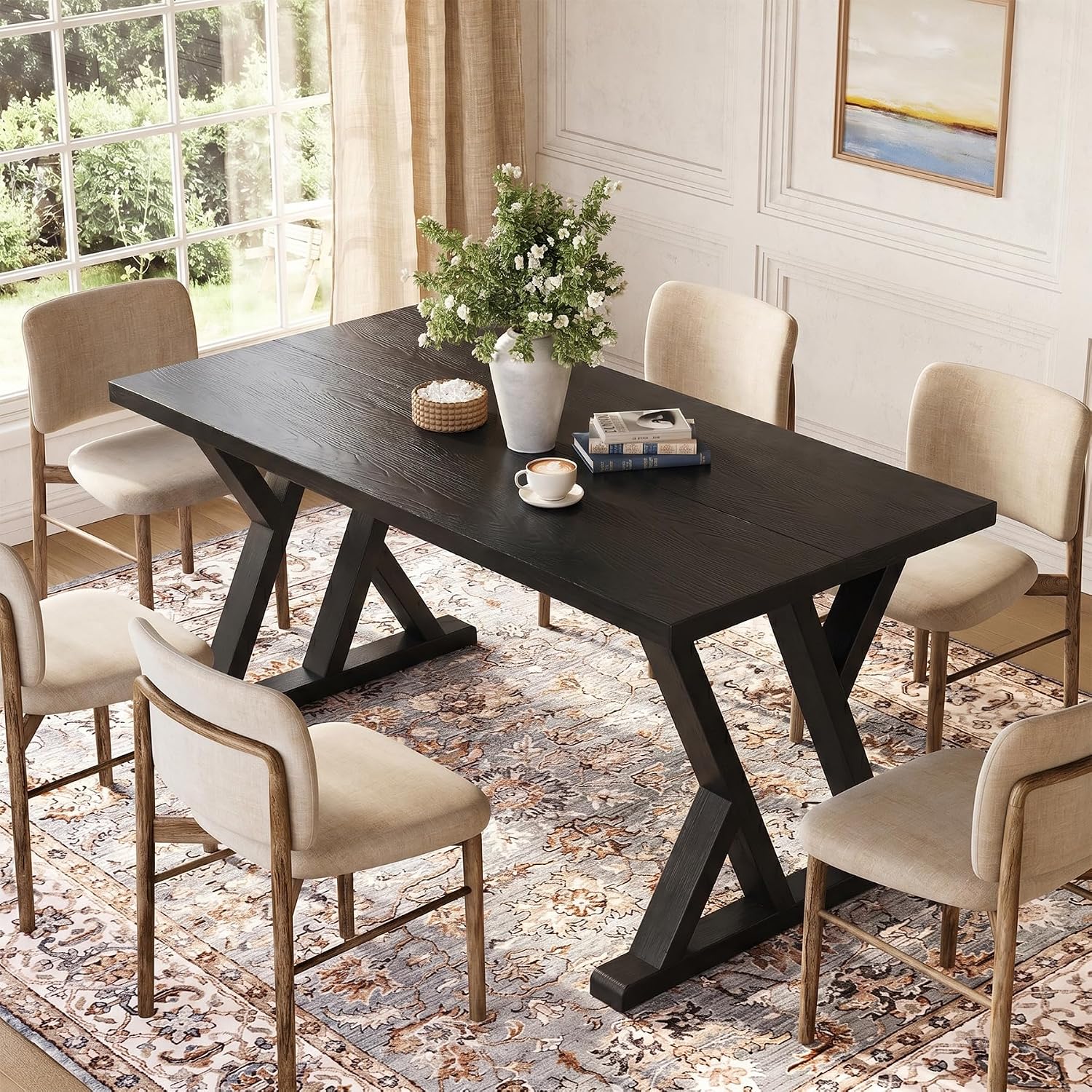 Solid Wood Dining Table for 4-6 People, 63 Inches Wooden Farmhouse Rectangular Kitchen Dinner Table with Heavy-Duty Legs for Home, Living Room, Dining Room, Black