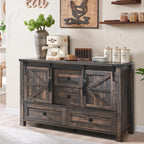 T4TREAM Farmhouse Sideboard Buffet Cabinet with Storage, 31.2'' Tall Kitchen Cabinet with 2 Sliding Barn Doors and 4 Drawers, Rustic Wood Coffee Bar Table for Dining Room, Dark Rustic Oak