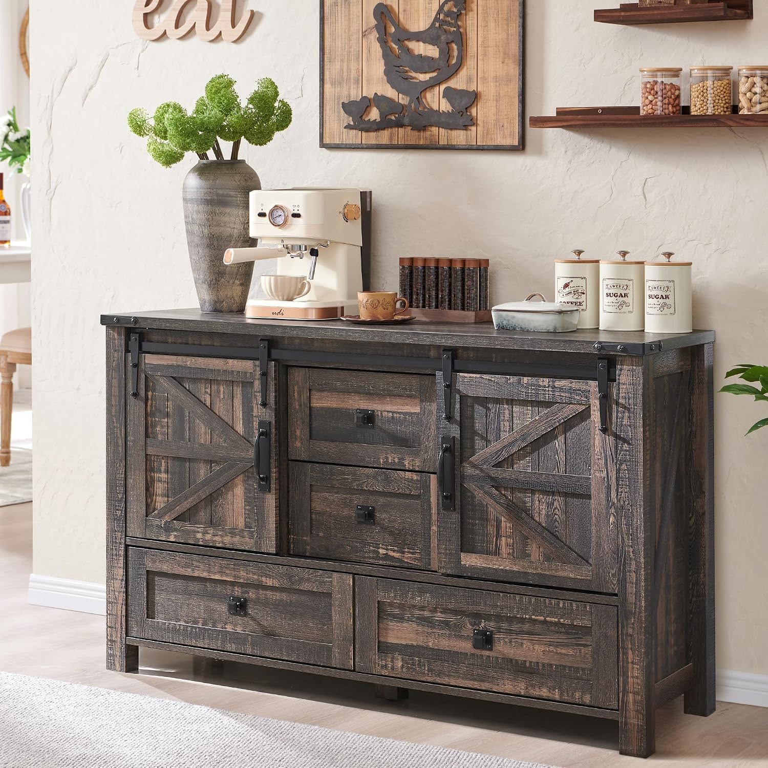 T4TREAM Farmhouse Sideboard Buffet Cabinet with Storage, 31.2'' Tall Kitchen Cabinet with 2 Sliding Barn Doors and 4 Drawers, Rustic Wood Coffee Bar Table for Dining Room, Dark Rustic Oak
