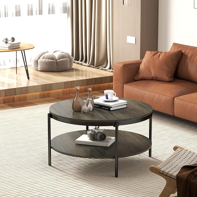 Manora Round Coffee Table with Storage Shelf, Rustic Wood Center Table with Black Metal Frame, Modern Circle Living Room Table for Small Spaces (Gray)