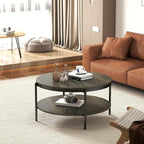 Manora Round Coffee Table with Storage Shelf, Rustic Wood Center Table with Black Metal Frame, Modern Circle Living Room Table for Small Spaces (Gray)