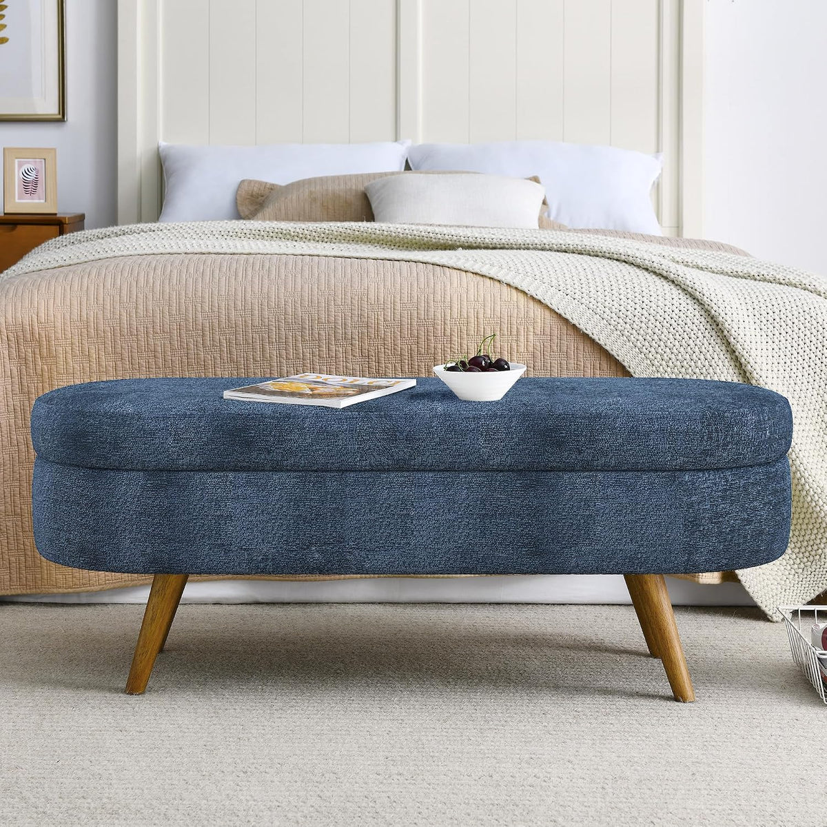 43.5" Ottoman with Storage, Storage Ottoman Bench with Safety Hinge, Foam End of Bed Bench Upholstered Entryway Bench for Bedroom, Living Room & Window, Dark Blue